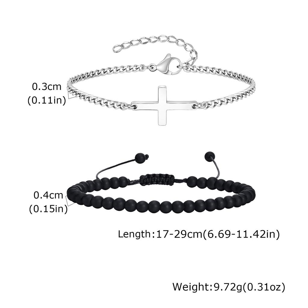 2 Stück/Set Kreuzkettenarmband für Herren, Lässiges Schwarzes Natürlicher Stein Perlenverstellbares Armband, Schmuckgeschenk für Ehemann Papa BBF