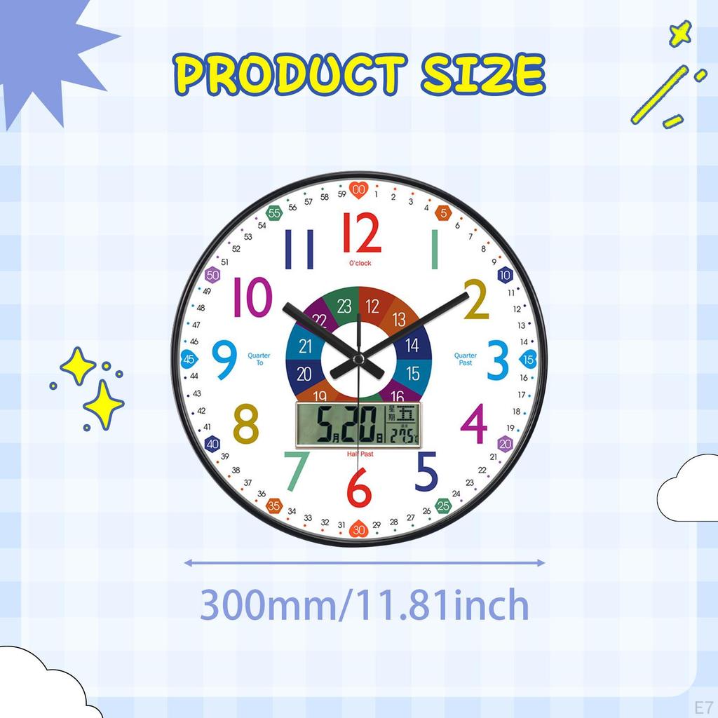 Kids Wall Clock 12" Colorful Teaching Time Easily Silent for Classroom Playroom