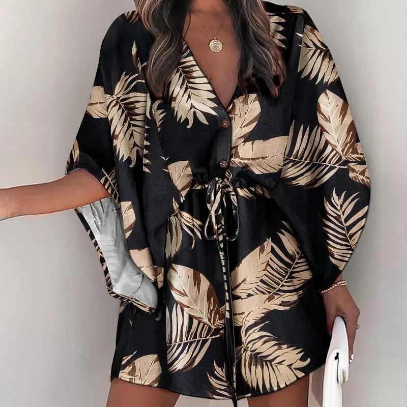 BITCED Women's Summer Batwing SleeveV-neck Lace-up Casual Resort Dresses