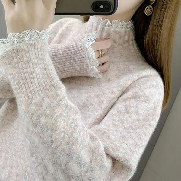 

Кружевные свитера с полувысоким воротником, женские осенние и зимние вязаные пуловеры большого размера со свободной нижней частью, повседневные джемперы с принтом S светло-розовый