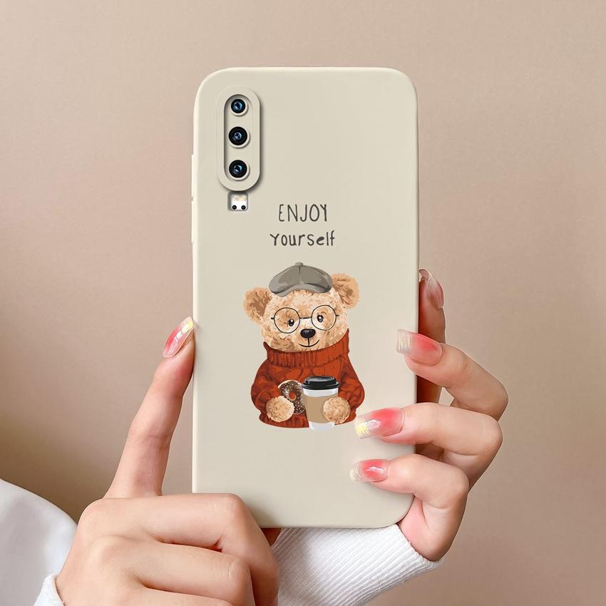Phone Case For Huawei P30 Y5 P40 Y6 Y9 Y9A Y7 P60 Lens Protection Cute Doll Bear Pattern Liquid Silicone Soft Cover For Huawei Dustproof Bumper Casing