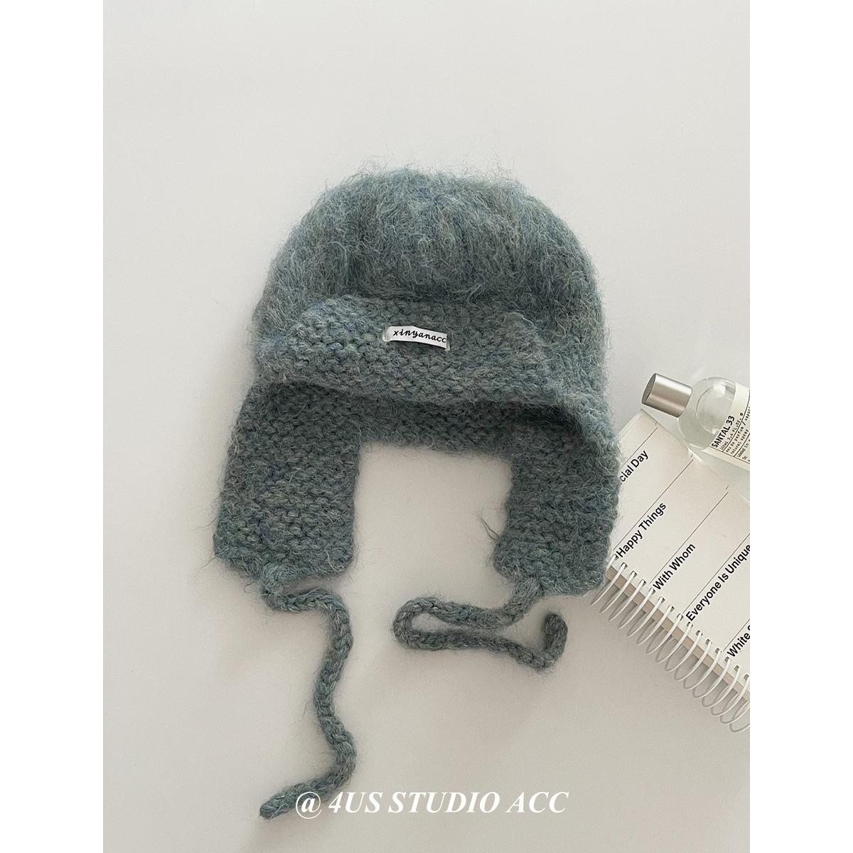 

New Mohair hand-crocheted Lei Feng hat women s solid color ear protection warm knitted hat showing face small wool hat M（55-59cm）