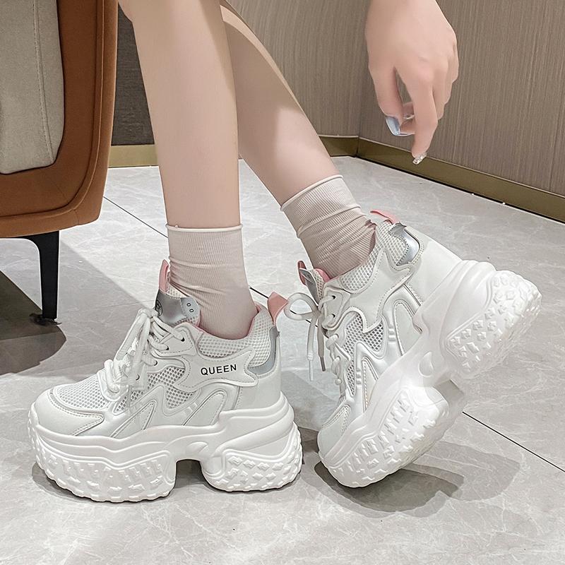 Fashion Spring Autumn Women Bling Chunky Sneakers Breathable Mesh Casual Shoes 10CM Wedge Heels Platform Shoes Fem Sports Dad Smehoes