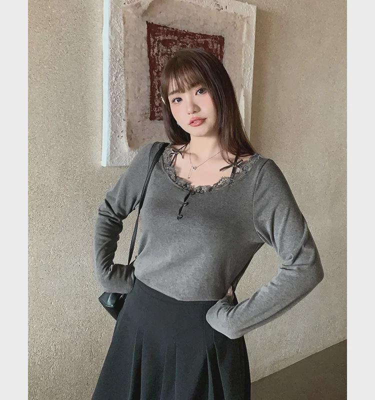 Women's Plus Size Lace Splicing One-Shoulder Long-Sleeve T-Shirt
