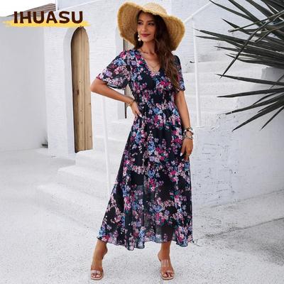Damen Mode Sommer Frühling V-Ausschnitt Kurzarm Freizeitkleider
