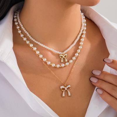 Cute Bow Pendant Fringed Necklace Jewelry Cute Imitation Pearl Stacked Necklace Woman