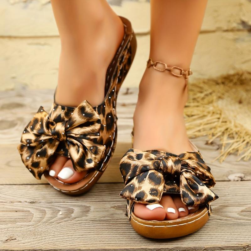 Women'S Fashion Leopard Print Wedge Sandals with Polka Dot Bow Detail - Open Toe, Slip-On, Mid-Heel Platform, Casual Summer Style