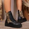 Fashion 2024 Fashion Women's Shoes Front Lace-up Women's Boots Hot Sale Leopard Print Office and Career New Round Toe Mid-Calf  Boots