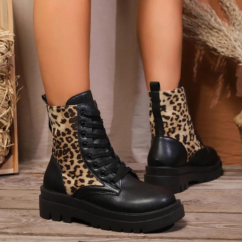 Mode 2024 Mode Damen Schuhe Schnürung vorne Damenstiefel Heißer Verkauf Leopardenmuster Büro und Karriere Neu Runde Zehenpartie Halbwadenstiefel