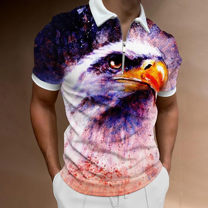 Futuristic Lion Print Short Sleeve Zip Polo, Stylish Casual Top