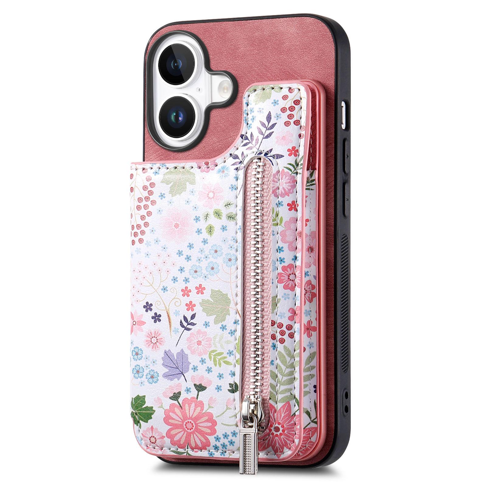 

D10 For iPhone 16 Plus Case Pattern Kickstand Wallet Leather+TPU Phone Cover RFID Blocking Pink
