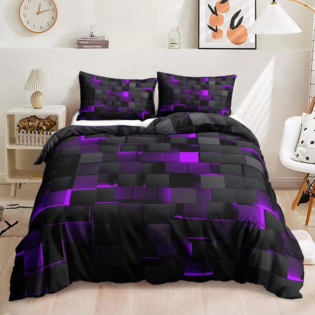 Black Square Geometric Duvet Cover Set 3D Square Pattern Comforter Cover Kids Teenagers Boys Bedroom Decor Blue Creative Bedding