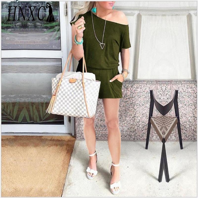 HNXC Women's Spring and Summer Fashion Slant Shoulder Short Sleeve Pocket Jumpsuit