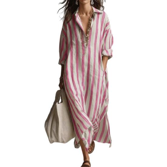 שמלת חולצה רפויה לנשים, קז'ואל, שרוול ארוך, צווארון V, פסים, שמלה ארוכה, שמלת מקסי לטיול/חופשה, עם כיסים