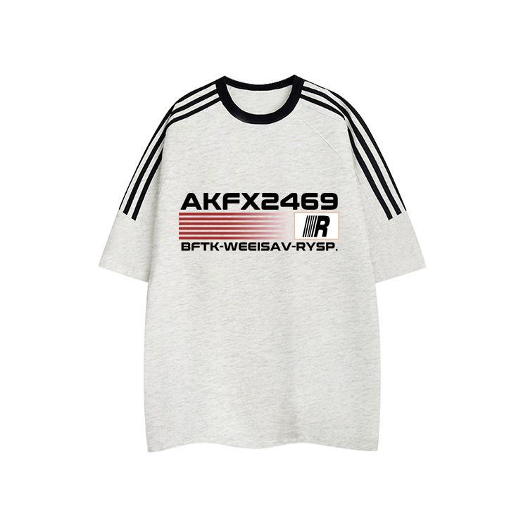 

Guochao casual couple heavy cotton three-bar short-sleeved T-shirt men s and women s spring and summer large size loose 100kg on clothes S