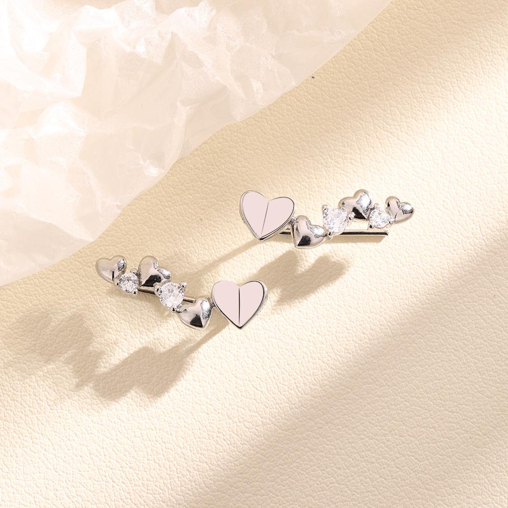 Small Diamond Love Earrings Exaggerated Romantic French Sweet Clip Earrings Personalized Ear Clips Diamond-Set Heart Stud Earrings