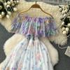 Summer Off Shoulder Gorgeous Flower Holiday Chiffon Dress Women Slash Neck Floral Print Elastic Waist Long Robes