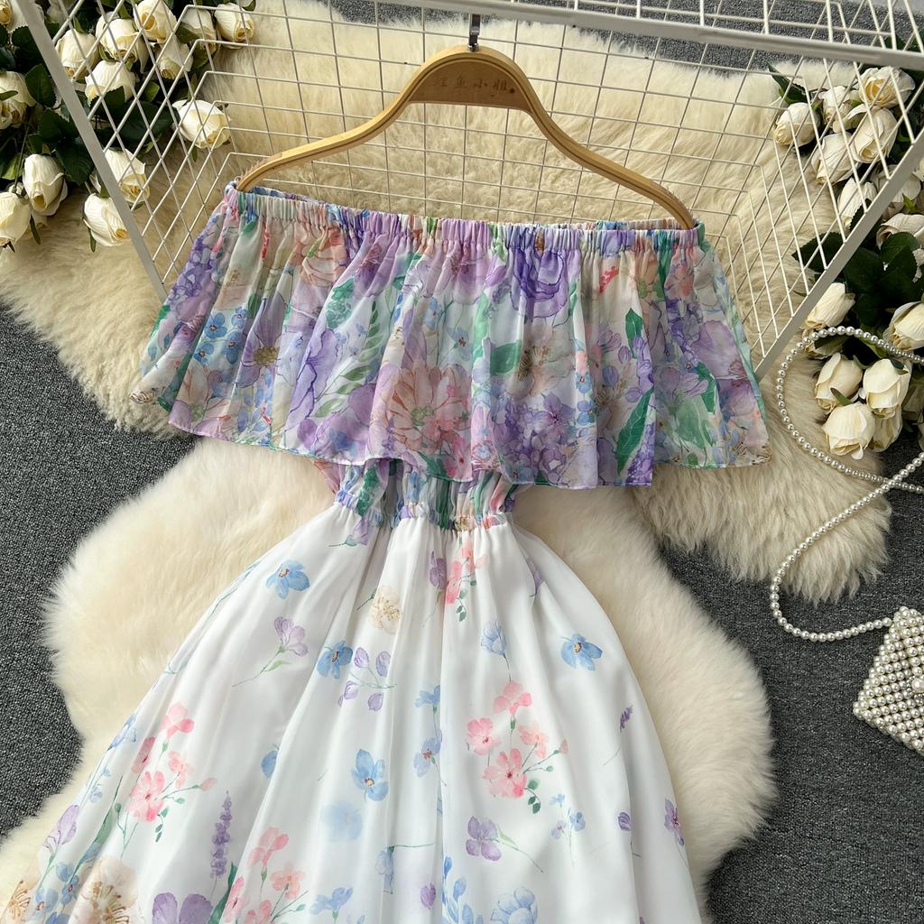 Summer Off Shoulder Gorgeous Flower Holiday Chiffon Dress Women Slash Neck Floral Print Elastic Waist Long Robes