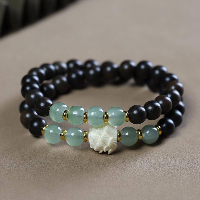 Bodhisattva Agarwood Bracelet: Double Circle Lotus & Cat Paw Beads, Jade Accents, Women's Prayer & Literary Play Accessory