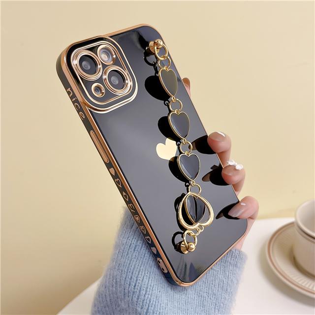 Luxury Plating Love Heart Wrist Bracelet Phone Case For iPhone 15 14 13 12 11 Pro Max X XR XS 7 8 Plus SE Soft Cover With Chain