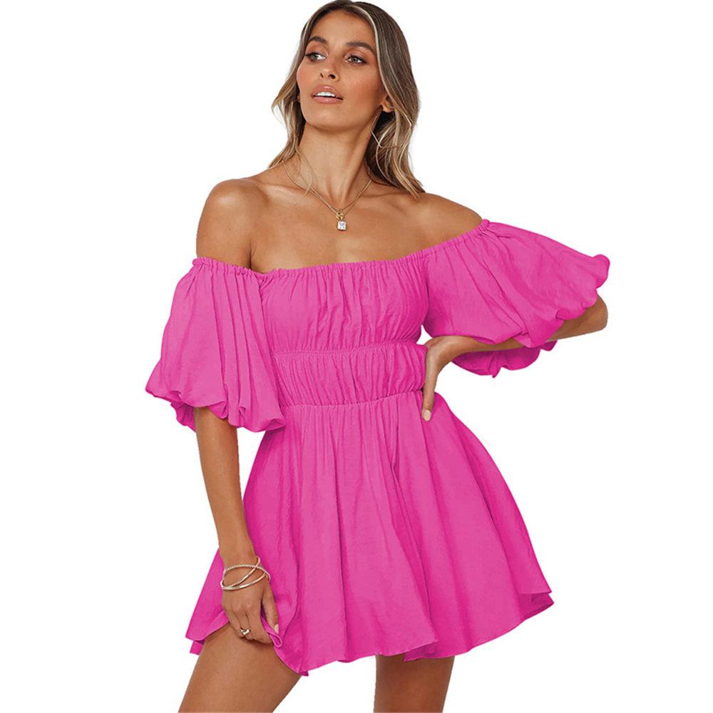 Damen Sommerkleid mit langen Laternenärmeln, schulterfreiem Minikleid, gerüscht, A-Linie, quadratischer Ausschnitt, fließendes Swing-Strandkleid