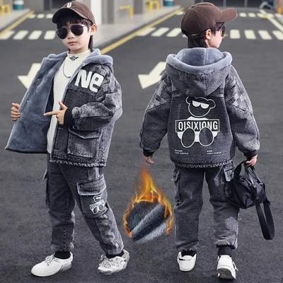 Boys Plus Velvet Suit Winter Children's Winter Denim Two-piece Suit, Big Boys and Boys Thickened Clothes