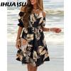IHUASU Damen Sommer Mode Ein Schulter Kurzararm Farbverlauf Print Rüschen Mini Kleid