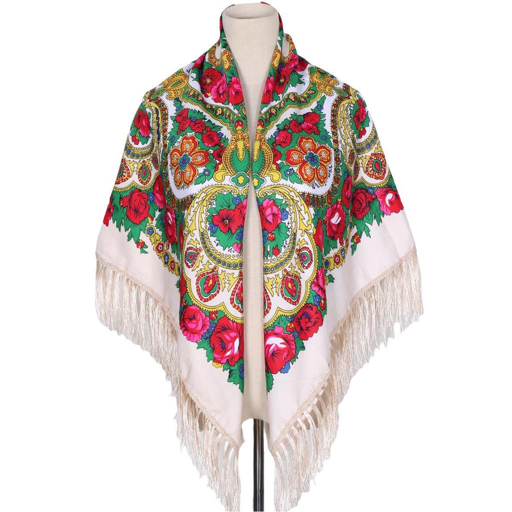 Women's Ethnic Print Summer Shawl - Large Square Scarf with Tassels for Travel & Photos