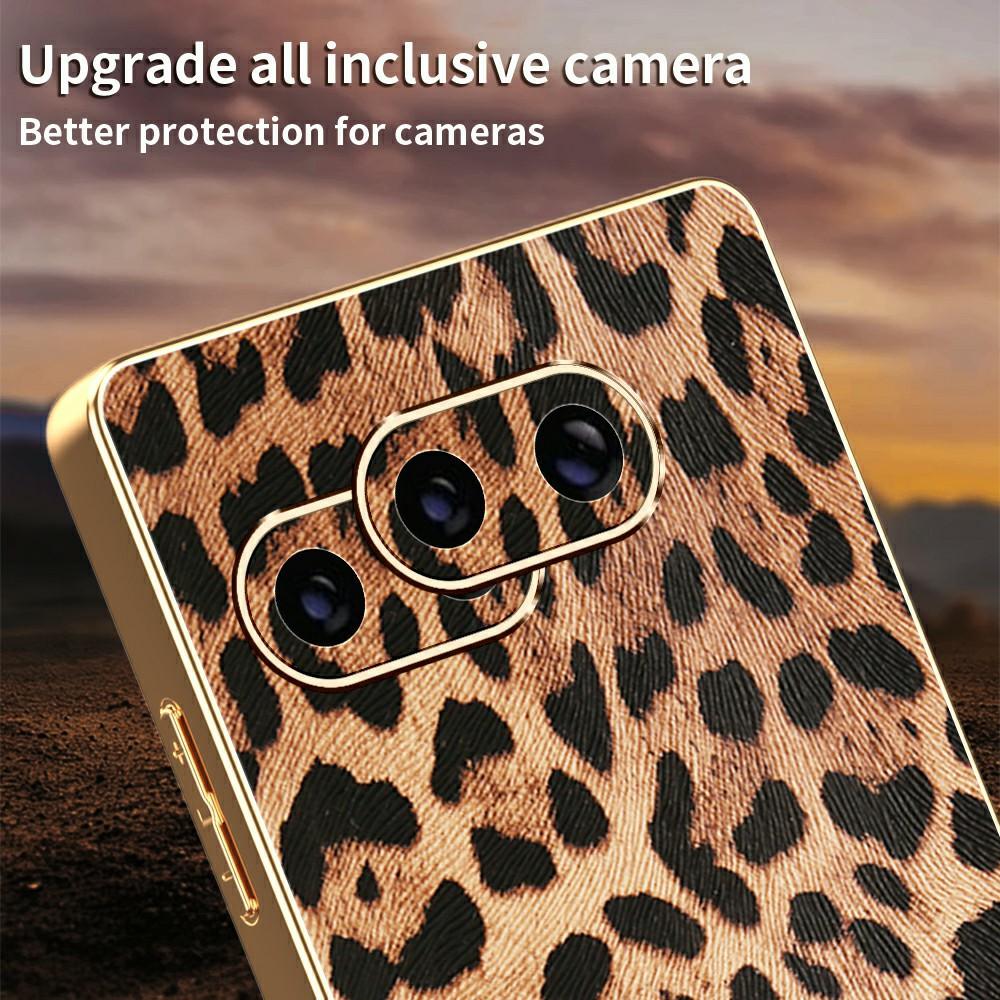 For Google Pixel 9a Case Leopard Print PU Leather Coated PC+TPU Electroplating Phone Cover