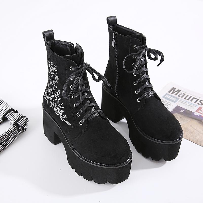 Moda kwiat gwiazda buty na platformie masywny obcas Punk zamszowe damskie gotyckie buty klub nocny zasznurować zamek błyskawiczny z tyłu