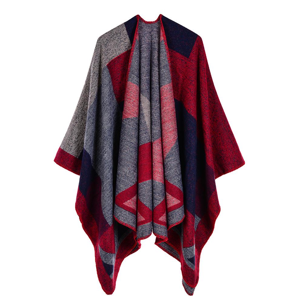 Versatile Plaid Women's Faux Cashmere Shawl: Ethnic Style Slit Cape for Autumn/Winter