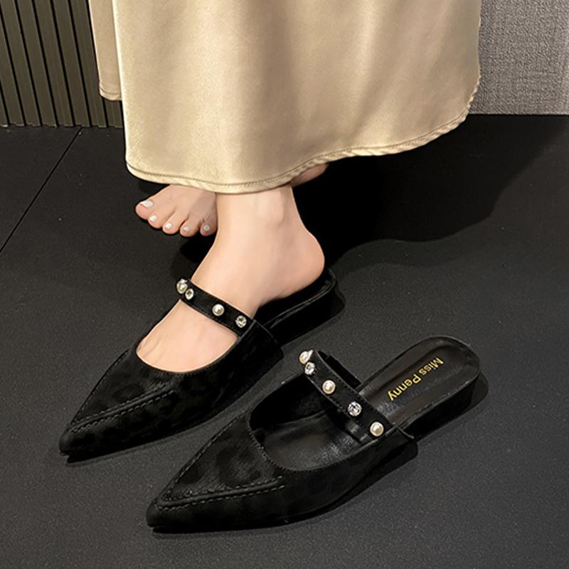 Fashion Flats Leopard Women Slippers Pointed Toe Mules Shoes Summer Elegant Woman Sandals 2025 Fashion Slides New Dress Zapatillas Mujer