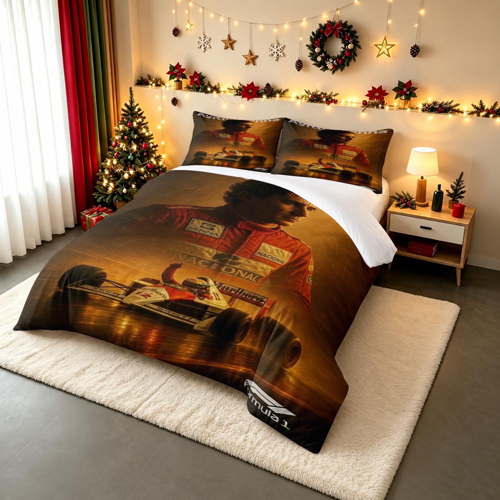 Ayrton Senna Racing Legend Bedding set (1 duvet cover, 2 pillowcases, duvet not included), F1 Driver Portrait with Race Car Art Print