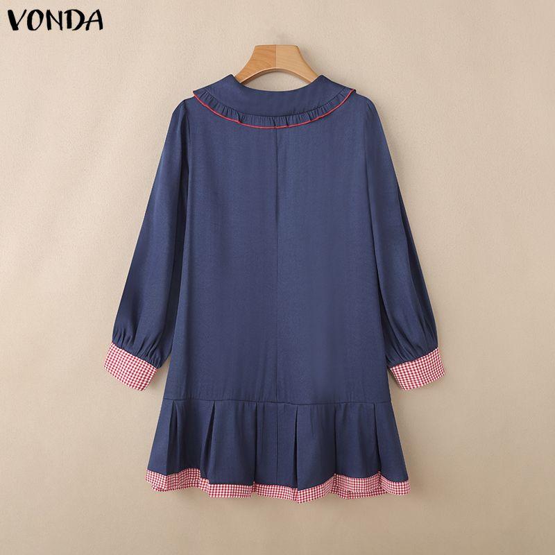 VONDA Women Turn Down Collar Long Sleeve Stitching Plaid Print Casual Ruffled Dress
