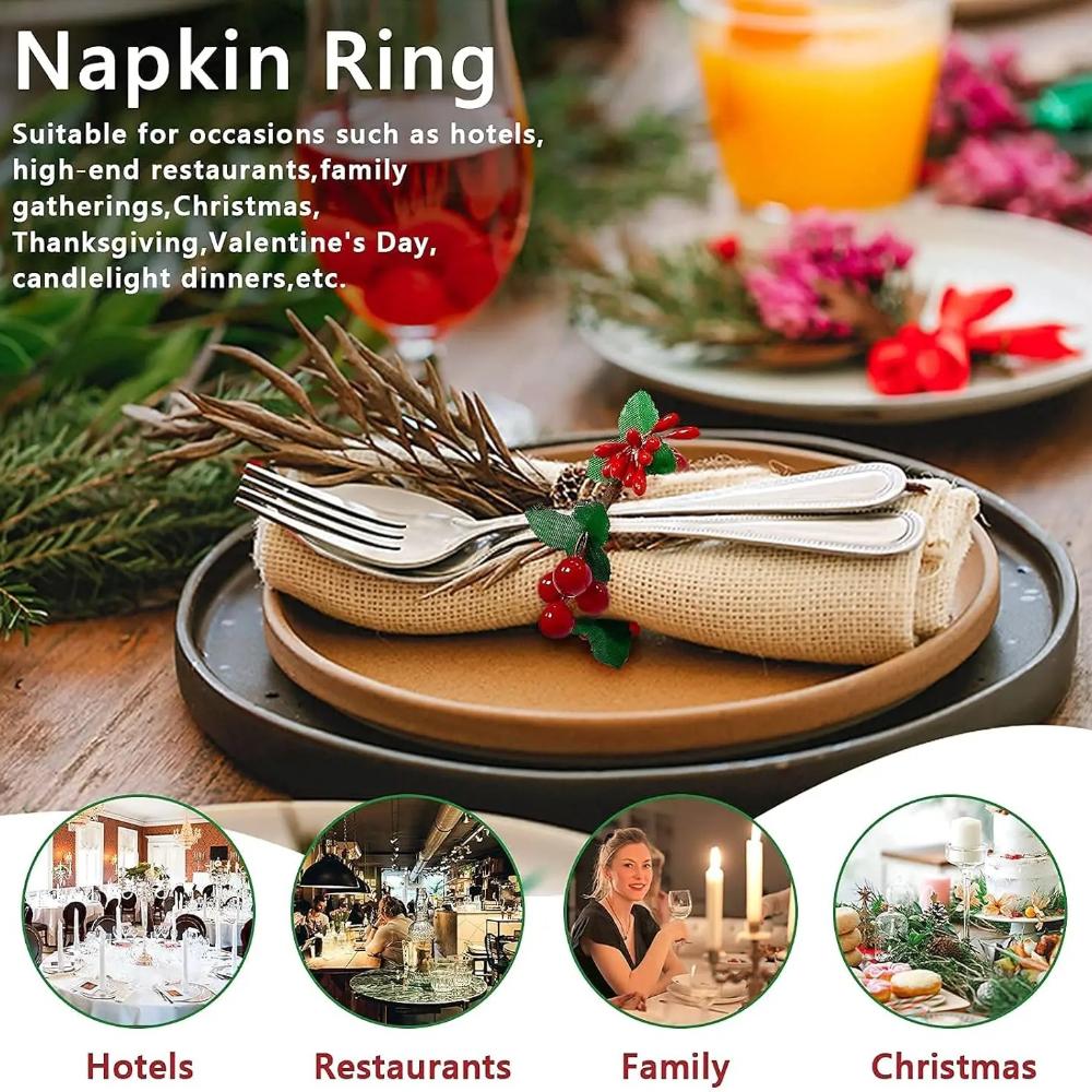 6pcs Napkin Holder Handmade Red Berry Napkins Rings Table Decoration for Wedding Christmas Thanksgiving  Banquet Birthday Party