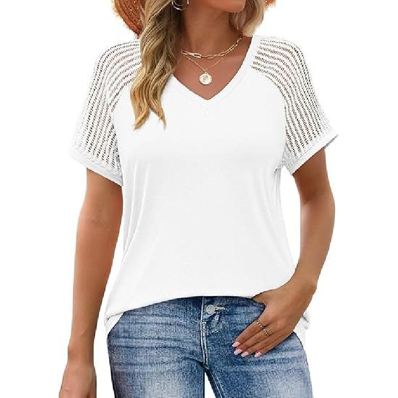 Summer women s new solid color loose hollow mesh patchwork V-neck T-shirt top S белый