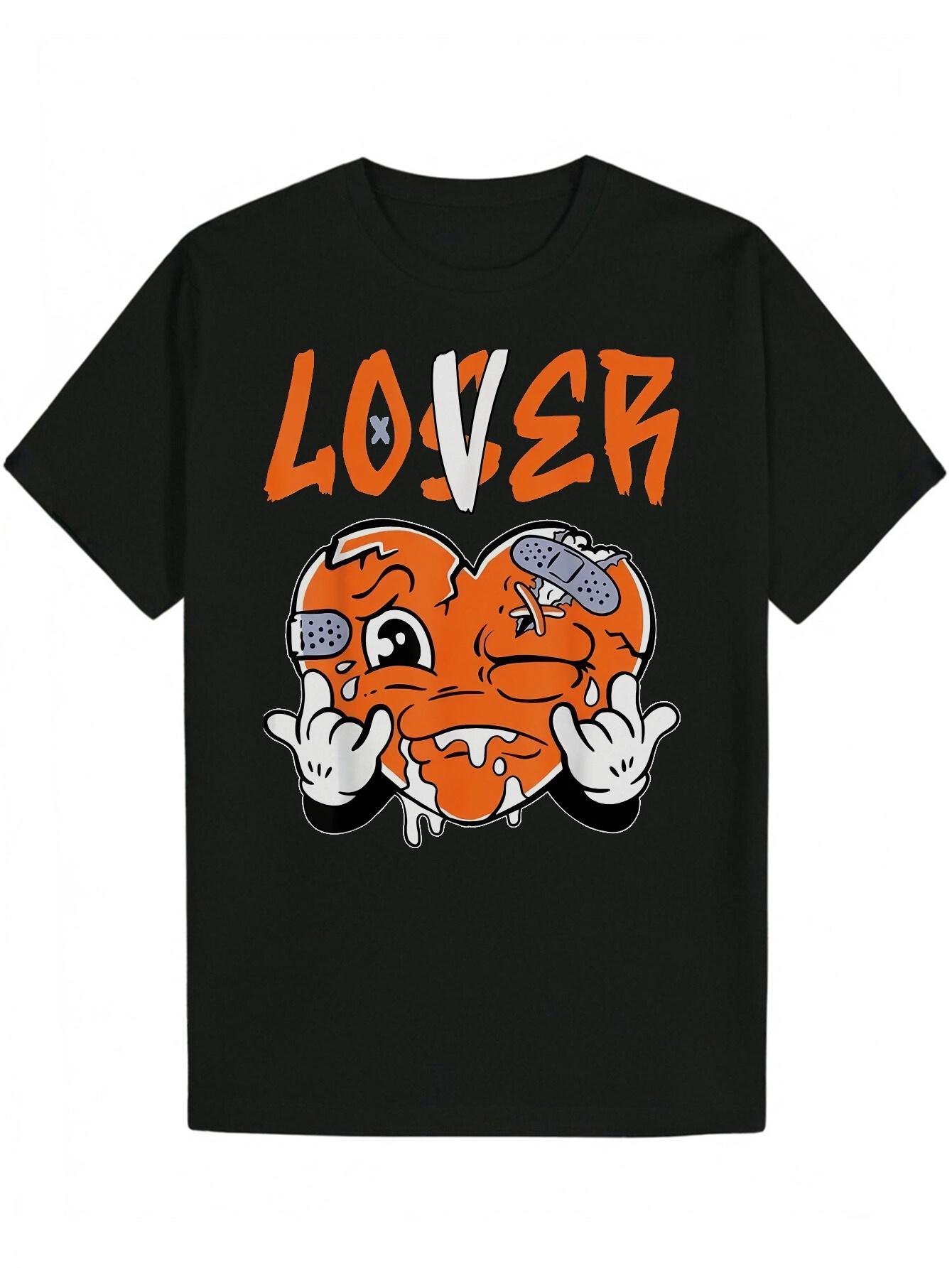 Crew Neck Polyester T-shirt with Cartoon Heart Design - LOVE Graphic S