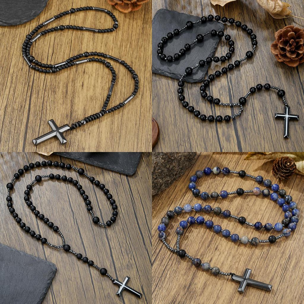 Natural Stone Black Agate Tigers Eye Cross Necklace For Men Hip Hop Jewelry