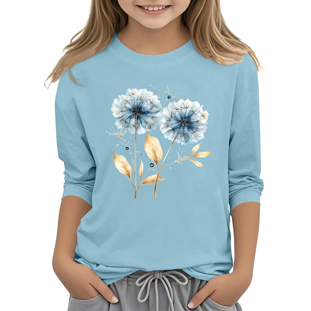 Children's 3/4 Sleeve Round Neck Flowers Print Casual Top