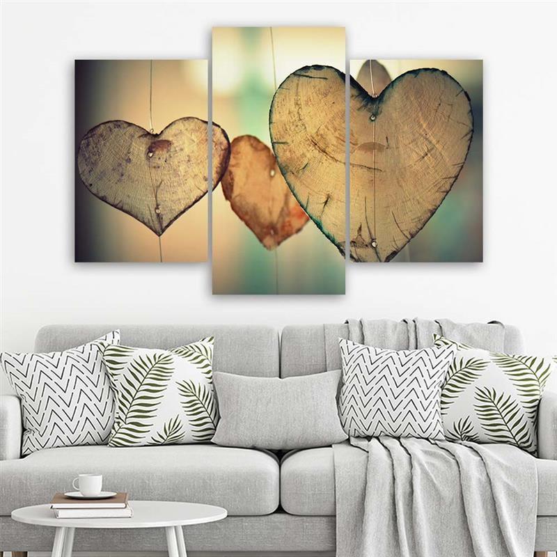 Three Piece Picture Canvas Print Heart Wood Love Retro