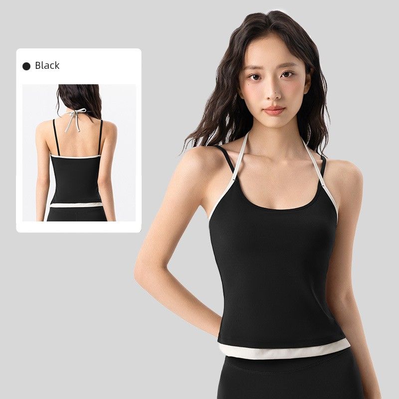 

Foreign Trade Contrast Color Hanging Neck Yoga Vest Women Fixed Cup Cover Sling Sports Underwear V Collar Inner wear Fitness Top Black XL