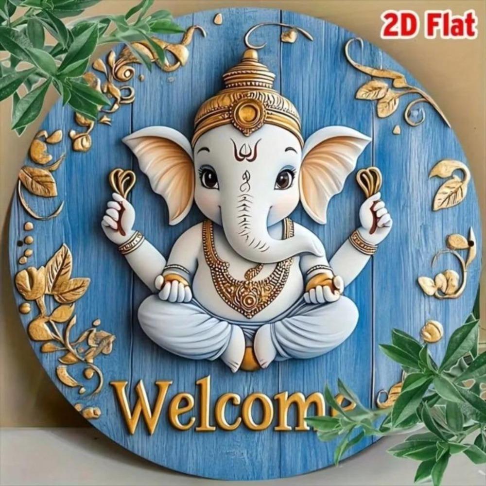 Vintage Ganesha Tin Art Wall Decor 2D Gold Design Hindu Home Office Welcome Sign Gift
