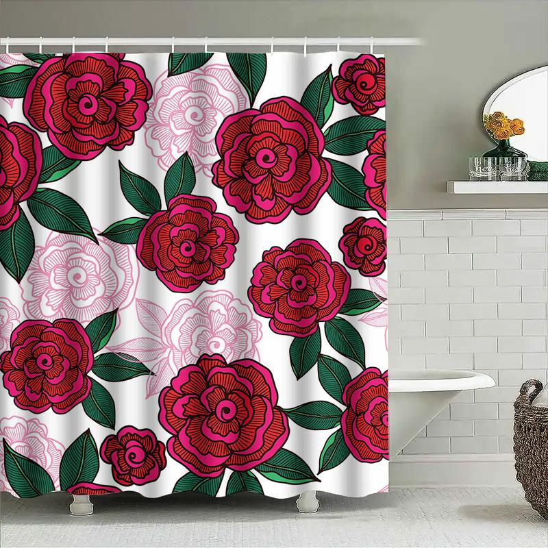 Vintage Floral Shower Curtain, Retro Decorative Bath Matting Waterproof Fabric Print Bathroom Accessories Pink Red Blossoms 3D D