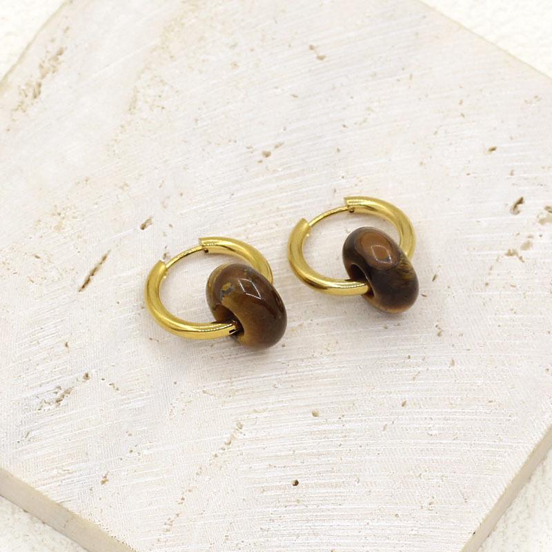 Chic Gold-Plated Stainless Steel Hoop Earrings with Natural Stone Pendants - European & American Street Style for Women