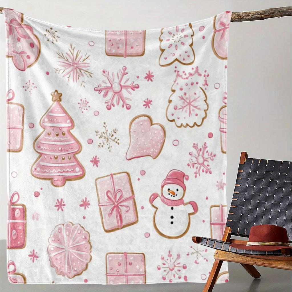 Blush Pink Christmas Tree Deer Throw Blanket Cozy Winter Snowflake Flannel Blanket for Couch Bed Decor