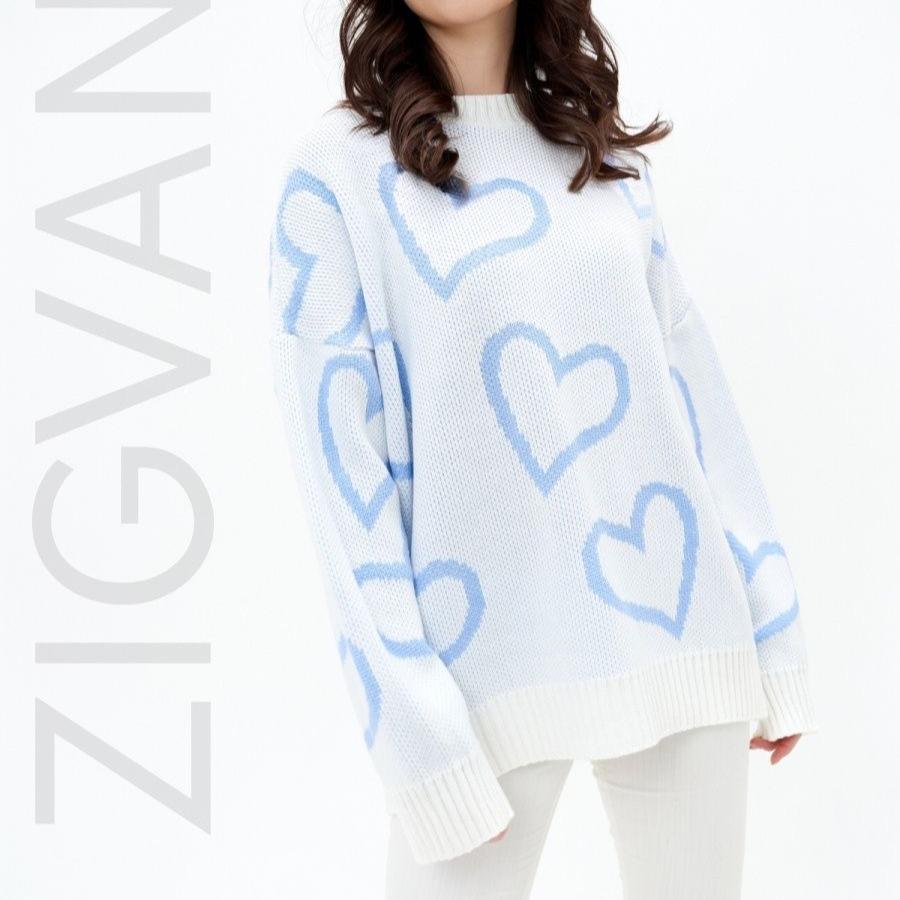 Knitted Sweater Women Autumn Winter Round Neck Love Color Collision Loose Sweet Ladies Pullover Knit Jumpers Knitwears Tops