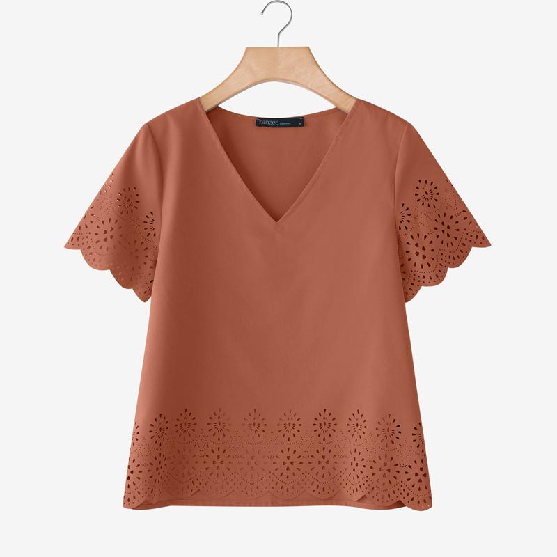 

ZANZEA Женская повседневная летняя блузка с V-образным вырезом, свободного кроя, с коротким рукавом 5XL ржавый