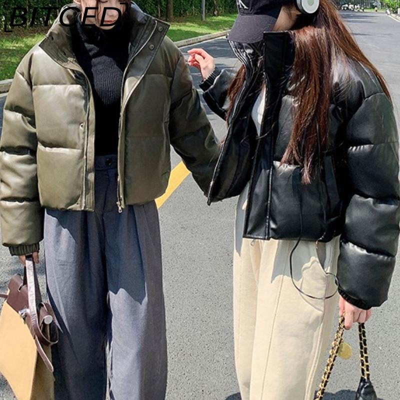 BITCED Autumn/Winter Cotton-Lined Leather Jacket for Women Stand-Up Collar Short-Length Warm Padded Coat