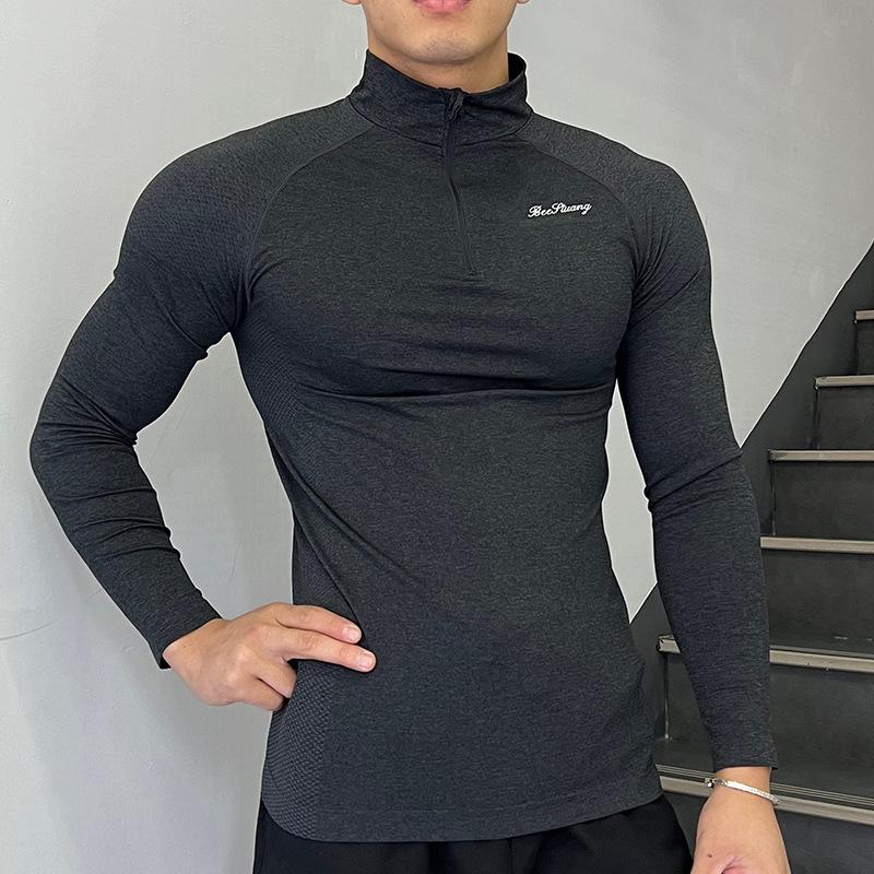 

Men Half Zip Mock Neck Long Sleeve T Shirt Slim Stretch Seamless Workout Top For Gym Casual Wear M чорний