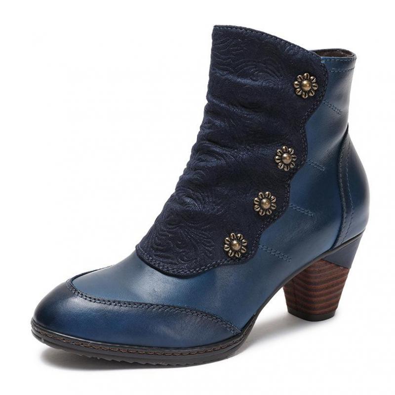 Johnature Patchwork Shoes Women Boots Genuine Leather Cloth Winter Retro Handmade Concise Round Toe Platform Boots